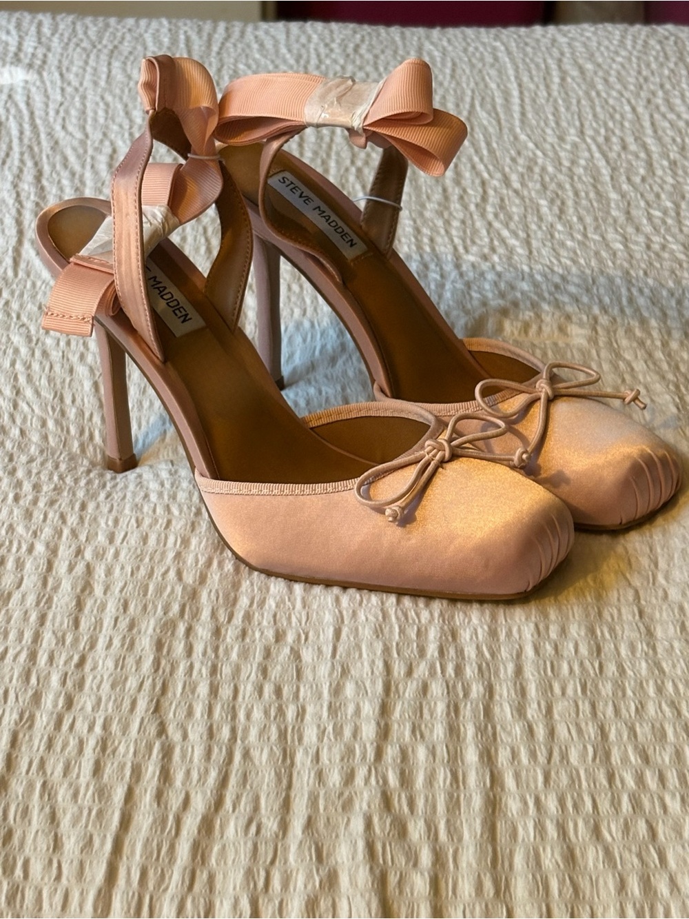 Steve Madden Peach Satin Bow Ankle-Tie Pumps